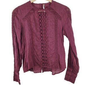 FREE People Button Up Shirt Womens Small S Wine‎ Crochet Sheer Victorian Peasant